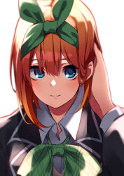 Rule 34 | 1girl, black jacket, blazer, blue eyes, bow, bowtie, breasts, brown hair, go-toubun no hanayome, green bow, green skirt, hair between eyes, highres, holding, jacket, kagari liroi, large breasts, looking at viewer, nakano yotsuba, open mouth, paper, pleated skirt, school uniform, shirt, skirt, smile, solo, stack, sweater, sweatervest, white background, white shirt, yellow sweater