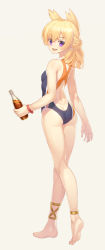 Rule 34 | 1girl, :d, anklet, ass, azur lane, bare arms, bare legs, barefoot, black one-piece swimsuit, blonde hair, bottle, breasts, butt crack, coke, competition swimsuit, from behind, full body, grey background, hair between eyes, holding, holding bottle, jewelry, kaina (tsubasakuronikuru), long hair, looking at viewer, looking back, one-piece swimsuit, open mouth, orange one-piece swimsuit, parted bangs, purple eyes, shiny skin, simple background, small breasts, smile, solo, standing, swimsuit, v-shaped eyebrows, walking, warspite (azur lane), wristband