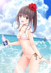 Rule 34 | 1girl, bad id, bad pixiv id, bikini, black hair, blue sky, blush, bottle, bracelet, breasts, brown eyes, chikuwa (glossymmmk), chikuwa (odennabe), cleavage, cloud, commentary request, cowboy shot, day, flower, from side, hair flower, hair ornament, horizon, jewelry, long hair, looking at viewer, medium breasts, navel, ocean, open mouth, original, outdoors, pocari sweat, ponytail, side-tie bikini bottom, sky, smile, solo, striped bikini, striped clothes, summer, swimsuit, water, water bottle