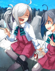 Rule 34 | 10s, 2girls, absurdres, ahoge, asashimo (kancolle), black footwear, blouse, blue hair, boots, can, cross-laced footwear, crossed legs, dress, closed eyes, food, green hair, grey hair, grey legwear, hair over one eye, highres, index finger raised, kantai collection, kiyoshimo (kancolle), lace-up boots, long hair, long sleeves, multicolored hair, multiple girls, open mouth, pantyhose, ponytail, popsicle, school uniform, sharp teeth, shirt, sitting, skirt, sleeveless, sleeveless dress, smile, teeth, umoo futon, water, white legwear, white shirt