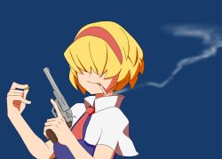 Rule 34 | 1girl, alice margatroid, blonde hair, blue background, blue dress, breasts, bullet, capelet, cigarette, closed mouth, collared capelet, commentary request, cookie (touhou), dress, gun, hair between eyes, hair over eyes, hairband, handgun, holding, holding gun, holding weapon, jigen (cookie), medium breasts, necktie, red hairband, red necktie, revolver, short hair, simple background, smoking, solo, surauta, touhou, upper body, weapon, white capelet