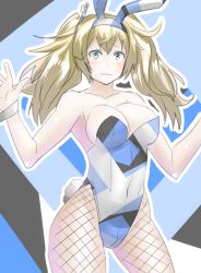 Rule 34 | 1girl, 30-06, animal ears, bad id, bad pixiv id, bare shoulders, blonde hair, blue eyes, blue leotard, bow, bowtie, breasts, rabbit ears, rabbit tail, camouflage, cleavage, detached collar, fake animal ears, fishnet pantyhose, fishnets, gambier bay (kancolle), highres, kantai collection, leotard, long hair, medium breasts, pantyhose, playboy bunny, solo, strapless, strapless leotard, tail, twintails, wrist cuffs