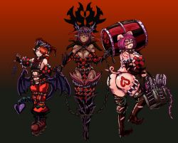 Rule 34 | 3girls, alp (monster girl encyclopedia), animal ears, arm tattoo, ass, ass tattoo, barrel, basket, black hair, boots, breasts, chain, cleavage, clothing cutout, collar, crown, curvy, dark-skinned female, dark elf, dark elf (monster girl encyclopedia), dark skin, demon girl, demon horns, demon tail, demon wings, earrings, elf, facial mark, facial tattoo, female orc, fingerless gloves, g-string, gloves, hat, heart, heart symbol, heart tattoo, high heel boots, high heels, highres, horns, huge ass, jester cap, jewelry, large breasts, leotard, looking at viewer, looking back, low wings, mace, marionnette, monster girl, monster girl encyclopedia, multicolored hair, multiple girls, navel, o-ring, o-ring bottom, open mouth, orc, orc (monster girl encyclopedia), pale skin, pig ears, pig tail, pink hair, pointy ears, puppet, purple hair, red eyes, red hair, revealing clothes, scar, scar on arm, scar on chest, scar on leg, scar on thigh, segmented horns, sideboob, small breasts, smile, smirk, tail, tail through clothes, tattoo, thick thighs, thighs, thong, two-tone hair, udetamago, weapon, whip, wings