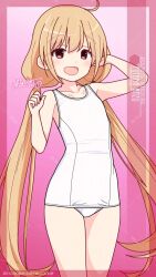 Rule 34 | 1girl, ahoge, artist name, blonde hair, brown eyes, character name, commentary request, cowboy shot, flat chest, futaba anzu, gradient background, highres, idolmaster, idolmaster cinderella girls, inaba shiki, long hair, looking at viewer, low twintails, old school swimsuit, one-piece swimsuit, pink background, school swimsuit, signature, smile, solo, standing, swimsuit, twintails, white one-piece swimsuit