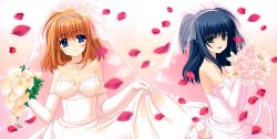 Rule 34 | 00s, 2girls, absurdres, aqua eyes, black hair, blue eyes, bouquet, breasts, brown hair, cleavage, collarbone, dress, elbow gloves, flower, fuyou kaede, gloves, hair ornament, highres, holding, holding bouquet, jewelry, long hair, looking at viewer, medium breasts, multiple girls, necklace, nishimata aoi, open mouth, petals, shuffle!, sideboob, smile, strapless, strapless dress, wedding dress, white dress, white gloves, yae sakura