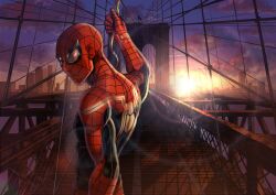 Rule 34 | 1boy, absurdres, brooklyn bridge, cloud, from side, gloves, highres, holding, lens flare, looking at viewer, male focus, marvel, mask, new york city, official art, onomae yuu, oosawa yuusuke, red gloves, sky, skyline, solo, spider-man, spider-man: itsuwari no aka, spider-man (series), spider web print, sunrise, superhero costume, upper body