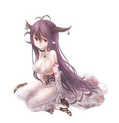 Rule 34 | 10s, 1girl, antenna hair, bandages, black gloves, black hair, breasts, cleavage, danua, draph, dress, female focus, gloves, granblue fantasy, hair between eyes, horns, jewelry, kazabuki poni, large breasts, long hair, looking at viewer, necklace, pointy ears, red eyes, simple background, solo