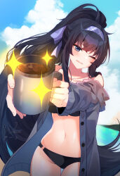 Rule 34 | 1girl, absurdres, bikini, black hair, blue archive, blue sky, cloud, cloudy sky, coat, cup, frown, hairband, highres, long hair, long sleeves, looking at viewer, mug, navel, ocean, one eye closed, open clothes, open coat, open mouth, outdoors, ponytail, reaching, reaching towards viewer, sky, solo, sparkle, standing, swimsuit, ui (blue archive), ui (swimsuit) (blue archive), unbuttoned, water, weiic