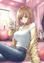Rule 34 | 1girl, absurdres, ahoge, alternate costume, aramachi, asahi breweries, beer can, blush, breasts, can, comiket 102, denim, drink can, hair down, highres, holding, holding can, idolmaster, idolmaster cinderella girls, indoors, jacket, jacket partially removed, jeans, large breasts, light brown hair, looking at viewer, pants, sato shin, shirt, shirt tucked in, sitting, smile, solo, straight hair, white shirt, yellow jacket