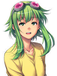 Rule 34 | 1girl, :d, alternate costume, collarbone, goggles, goggles on head, green eyes, green hair, gumi, long hair, looking at viewer, matching hair/eyes, open mouth, smile, solo, tatsuhiko (pasutaya), upper body, vocaloid