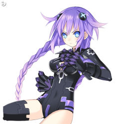 Rule 34 | &gt;:(, 10s, 1girl, black thighhighs, blue eyes, blush, braid, breasts, choujigen game neptune, claws, cleavage, cleavage cutout, clothing cutout, covered navel, cowboy shot, face, female focus, fighting stance, frown, gauntlets, hair ornament, leotard, long hair, long sleeves, magical girl, neon trim, neptune (neptunia), neptune (series), official art, power symbol, power symbol-shaped pupils, purple hair, purple heart (neptunia), simple background, solo, symbol-shaped pupils, thighhighs, tsunako, turtleneck, twin braids, v-shaped eyebrows, very long hair, watermark, white background