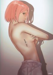 Rule 34 | 1girl, absurdres, blurry, boruto: naruto next generations, bracelet, breasts, chromatic aberration, covering privates, covering breasts, facial mark, forehead mark, from side, green eyes, haruno sakura, highres, jewelry, naruto (series), niku (ni23ku), pink hair, profile, shadow, sideboob, small breasts, solo, tattoo, topless, twitter username