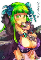 Rule 34 | 1girl, :t, bad id, bad pixiv id, between breasts, blue feathers, blue flower, blunt bangs, blush, breasts, cleavage, commentary request, dated, dress, eating, feather hair ornament, feathers, flower, fur collar, green eyes, green hair, hair flower, hair ornament, large breasts, long hair, looking at viewer, mushroom, ragnarok online, reload9 yohji, sexually suggestive, signature, simple background, solo, sorcerer (ragnarok online), translation request, upper body, watermark, web address, white dress