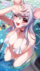 Rule 34 | 1girl, aircraft, animal ears, bikini, breasts, commission, giant, giantess, kneeling, large breasts, mouse ears, mouse girl, mouse tail, partially submerged, red eyes, smile, solo, swimsuit, tail, water, white bikini, yayoi maka