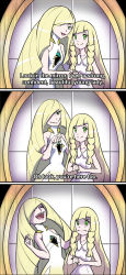 Rule 34 | 2girls, 3koma, :i, blonde hair, bullying, closed eyes, comic, creatures (company), crystal, dress, english text, evil smile, game freak, green eyes, highres, laughing, lillie (pokemon), long hair, lusamine (pokemon), mirror, mother and daughter, multiple girls, nintendo, npc trainer, open mouth, parody, pokemon, pokemon sm, reflection, shaded face, smile, tangled, troll face, white dress
