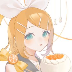 Rule 34 | 1girl, anniversary, aqua eyes, bare shoulders, blonde hair, bow, cake, food, fruit, grey sailor collar, hair bow, hair ornament, hairclip, happy anniversary, headphones, headset, highres, holding, holding cake, holding food, kagamine rin, looking at viewer, neckerchief, orange (fruit), orange slice, sailor collar, short hair, sideways glance, solo, suiri (suiri 02), swept bangs, tongue, tongue out, treble clef, vocaloid, yellow bow, yellow neckerchief