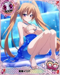 Rule 34 | 1girl, ahoge, blue dress, bracelet, breasts, breasts out, brown hair, card (medium), chess piece, covering privates, covering breasts, dress, hair between eyes, hair ornament, high school dxd, jewelry, large breasts, long hair, looking at viewer, necklace, official art, open mouth, panties, purple eyes, rook (chess), shidou irina, sitting, snowflake hair ornament, solo, twintails, underwear, white panties