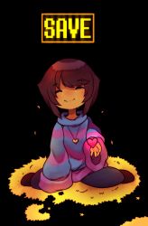 Rule 34 | androgynous, bad id, bad tumblr id, black background, brown hair, closed eyes, crying, dripping, frisk (undertale), gender request, heart, heart necklace, highres, jewelry, necklace, pendant, raikissu, shirt, sitting, smile, solo, striped clothes, striped shirt, striped sweater, sweater, tears, undertale, wariza