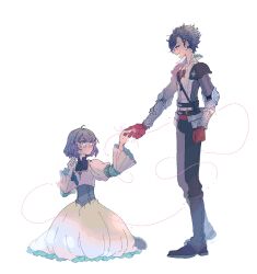 Rule 34 | 1boy, 1girl, armor, black hair, boots, clive rosfield, dress, final fantasy, final fantasy xvi, frilled sleeves, frills, gloves, grey hair, highres, holding hands, jill warrick, kneeling, looking at another, nito, red gloves, shoulder armor, smile, tears