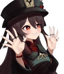 Rule 34 | 1girl, absurdres, black hair, black hat, black shirt, bracelet, breasts, chinese clothes, collared shirt, genshin impact, grin, hands up, hat, highres, hu tao (genshin impact), jewelry, long hair, long sleeves, looking away, multiple rings, pellas (panix2383), qingdai guanmao, red eyes, red shirt, ring, shirt, simple background, small breasts, smile, solo, star-shaped pupils, star (symbol), symbol-shaped pupils, twintails, undershirt, upper body, white background