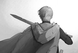 Rule 34 | 1boy, chipped sword, cloak, crack, facing away, from behind, greyscale, highres, himmel (sousou no frieren), holding, holding sword, holding weapon, hood, hood down, hooded cloak, long sleeves, matata1203, mole, mole under eye, monochrome, short hair, solo, sousou no frieren, statue, sword, undercut, weapon