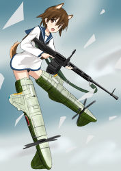 Rule 34 | 1girl, absurdres, animal ears, black neckerchief, blouse, blue sailor collar, brown eyes, brown hair, cloud, cloudy sky, commentary, dog ears, dog tail, drum magazine, flying, full body, gun, heavy machine gun, highres, holding, holding gun, holding weapon, leaning forward, long sleeves, looking at viewer, machine gun, magazine (weapon), miyafuji yoshika, neckerchief, no pants, open mouth, outdoors, sailor collar, shirt, short hair, sky, smile, solo, strike witches, striker unit, tail, turkeysand (fernandear 504), type 99 cannon, weapon, white shirt, world witches series