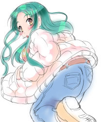 Rule 34 | 00s, 1girl, ass, belt, blush, brown eyes, brown footwear, casual, coat, denim, foreshortening, from behind, green hair, hand in pocket, jeans, leaning forward, leg up, long hair, long sleeves, looking at viewer, looking back, mouth hold, open clothes, open coat, pants, pink coat, pocket, shiranagi, shoe soles, shoes, simple background, solo, standing, standing on one leg, suzumiya haruhi, suzumiya haruhi no yuuutsu, tareme, tsuruya, very long hair, white background, winter clothes, winter coat