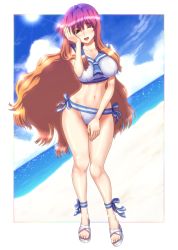 Rule 34 | 1girl, ankle ribbon, anklet, beach, bikini, blonde hair, breasts, brown eyes, cameltoe, cloud, covered erect nipples, covering privates, covering crotch, dress, gradient hair, hand on own cheek, hand on own face, hands on thighs, highres, hijiri byakuren, jewelry, kezune (i- -i), large breasts, leg ribbon, long hair, multicolored hair, navel, ocean, one eye closed, open mouth, purple hair, ribbon, sailor bikini, sailor collar, sailor dress, sandals, shiny skin, solo, sun, swimsuit, thigh gap, touhou, very long hair, wavy hair, white bikini, wink