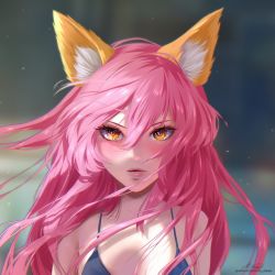 Rule 34 | 1girl, animal ears, bare shoulders, blurry, blurry background, blush, breasts, collarbone, commentary request, eyelashes, facing viewer, forehead, fox ears, fox girl, hair between eyes, hair over breasts, hair over shoulder, heterochromia, highres, long hair, looking at viewer, lower teeth only, m alexa, open mouth, original, patreon username, pink hair, pink lips, shadow, signature, slit pupils, solo, teeth, upper body, yellow eyes