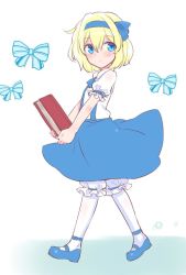 Rule 34 | 1girl, alice margatroid, alice margatroid (pc-98), aohashi ame, blonde hair, bloomers, blue bow, blue bowtie, blue eyes, blue footwear, blue hairband, book, bow, bowtie, collared shirt, commentary request, from side, hair bow, hairband, holding, long hair, looking at viewer, mary janes, medium skirt, parted lips, puffy short sleeves, puffy sleeves, shirt, shoes, short sleeves, skirt, socks, solo, standing, suspender skirt, suspenders, touhou, touhou (pc-98), underwear, walking, white background, white shirt, white socks