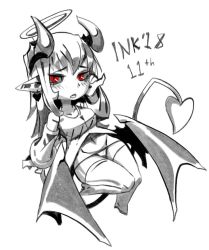 Rule 34 | 1girl, blush, dated, demon horns, demon tail, demon wings, greyscale, halloween, halo, hand up, horns, inktober, long hair, long sleeves, looking at viewer, monochrome, monster girl, monster girl encyclopedia, navel, panties, parted lips, pointy ears, ramenwarwok, red eyes, simple background, solo, spot color, succubus (monster girl encyclopedia), tail, thighhighs, underwear, white background, wings