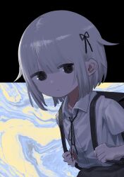 Rule 34 | 1girl, :/, abstract background, backpack, bag, black background, black bag, black eyes, black skirt, blue background, closed mouth, collared shirt, dress shirt, expressionless, grey hair, hair flaps, hair ribbon, highres, holding strap, leaning forward, looking at viewer, multicolored background, neck ribbon, no pupils, original, ribbon, school uniform, shirt, shirt tucked in, short hair, short sleeves, sidelighting, skirt, solo, takanashi natsuo, upper body, yellow background