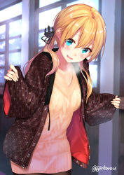 Rule 34 | 1girl, alternate costume, anchor hair ornament, aran sweater, artist name, black legwear, blonde hair, blue eyes, blush, breath, cable knit, commentary request, contemporary, cowboy shot, gintarou (kurousagi108), hair between eyes, hair ornament, indoors, japanese clothes, kantai collection, kimono, leaning forward, long hair, long sleeves, looking at viewer, low twintails, open mouth, prinz eugen (kancolle), ribbed sweater, short kimono, short yukata, sleeves past wrists, smile, solo, sweater, twintails, twitter username, wide sleeves, window, yellow sweater, yukata