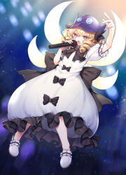 Rule 34 | 1girl, black bow, blonde hair, blush, bow, commission, dress, drill hair, fairy, fairy wings, frilled dress, frilled sleeves, frills, full body, hair between eyes, hat, highres, holding, holding microphone, luna child, microphone, open mouth, purple hat, red eyes, shoes, short hair, short sleeves, skeb commission, solo, tomobe kinuko, touhou, white dress, white footwear, wings