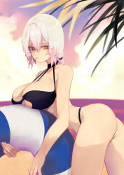 Rule 34 | 1girl, alternate costume, ass, azur lane, bare legs, beach, bent over, breasts, center opening, cleavage, cloud, cloudy sky, collarbone, day, hair between eyes, highres, innertube, large breasts, looking at viewer, midriff, outdoors, parted lips, red eyes, short hair, short ponytail, silver hair, sirius (azur lane), sirius (scorching-hot seirios) (azur lane), sky, solo, swim ring, swimsuit, symbol-shaped pupils, thighs, tree, uyuyuun