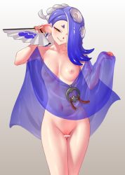 Rule 34 | 1girl, blue hair, breasts, cephalopod eyes, chest sarashi, cleavage, cleft of venus, colored skin, earrings, eyeliner, folded fan, folding fan, functionally nude, gradient background, gradient skin, hachimaki, hand fan, hand up, headband, highres, holding, holding fan, horizontal pupils, jewelry, long hair, makeup, medium breasts, multicolored skin, multiple earrings, nejiri hachimaki, nintendo, nipples, octoling, open mouth, pink pupils, poncho, pussy, red eyeliner, red eyes, red skin, sarashi, see-through, shiver (splatoon), smile, solo, splatoon (series), splatoon 3, suction cups, taka-michi, tentacle hair, two-tone skin, upper body