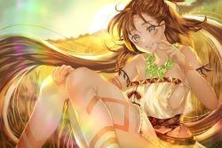 Rule 34 | 1girl, bare shoulders, blush, body markings, breasts, brown hair, collarbone, commentary request, dress, facial mark, fate/grand order, fate (series), forehead mark, graphite (medium), highres, himiko (fate), himiko (first ascension) (fate), jewelry, long hair, looking at viewer, magatama, magatama necklace, natsujiru, necklace, no bra, sideboob, smile, solo, traditional media, twintails, very long hair, wheat field, white dress