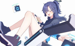 Rule 34 | 1girl, absurdres, bare legs, blue archive, blue buruma, blue footwear, blue hair, blue jacket, blue shirt, buruma, cellphone, closed eyes, commentary request, drone, gym uniform, halo, highres, jacket, mashiro latte (msrn39), mechanical halo, medium hair, off shoulder, official alternate costume, open mouth, phone, ponytail, shirt, shoes, simple background, smartphone, smile, sneakers, solo, sportswear, star sticker, sticker on face, stopwatch, v, v-shaped eyebrows, watch, wavy mouth, white background, yuuka (blue archive), yuuka (track) (blue archive)