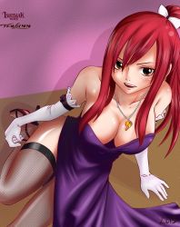 Rule 34 | 1girl, blush, breasts, brown eyes, cleavage, dress, erza scarlet, fairy tail, female focus, fishnets, gloves, high heels, highres, large breasts, looking at viewer, open mouth, red hair, smile, solo, tenlann, thighhighs