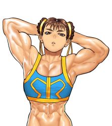 Rule 34 | 1girl, abs, adapted costume, arms behind head, biceps, blue sports bra, brown eyes, brown hair, capcom, cessa, chun-li, flexing, hair ribbon, looking at viewer, muscular, muscular female, navel, parted lips, ribbon, simple background, solo, sports bra, street fighter, upper body, white background, yellow ribbon