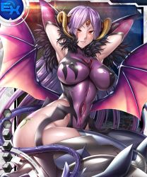 Rule 34 | 1girl, ass, bare shoulders, black thighhighs, boots, breasts, card (ex-blue), card (ex-sr), card (medium), commentary request, covered navel, curvy, demon girl, demon horns, demon tail, demon wings, elbow gloves, female focus, fishnets, fuuma saika, gloves, highleg, highleg leotard, hip focus, horns, huge ass, impossible clothes, impossible leotard, large breasts, leotard, lilith-soft, lipstick, long hair, looking at viewer, makeup, mole, mole under eye, nipples, pale skin, parted lips, partially visible vulva, purple hair, purple leotard, red eyes, shiny clothes, shiny skin, sitting, skin tight, smile, solo, sweat, tail, taimanin (series), taimanin asagi battle arena all card gallery, taimanin asagi kessen arena, teeth, thighhighs, thighs, third eye, wings, zol
