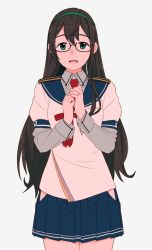 Rule 34 | 10s, 1girl, black hair, blue shirt, clothing cutout, cowboy shot, glasses, green eyes, hairband, hakama, hakama short skirt, hakama skirt, japanese clothes, jewelry, kantai collection, long hair, long sleeves, looking at viewer, necktie, ojipon, ooyodo (kancolle), open mouth, own hands together, ring, sailor collar, sailor shirt, school uniform, serafuku, shirt, sidelocks, simple background, skirt, smile, solo, thigh cutout, wedding band