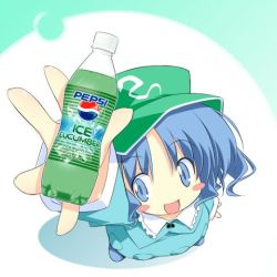 Rule 34 | 1girl, asoka, blush stickers, female focus, foreshortening, from above, full body, hat, kawashiro nitori, lowres, pepsi, pepsi ice cucumber, product placement, skirt, smile, soda, solo, standing, touhou, two side up, white background