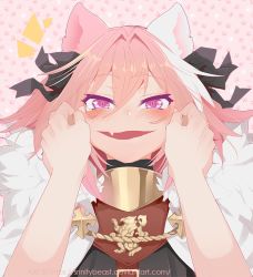 Rule 34 | 1boy, animal ears, astolfo (fate), black ribbon, blush, cat ears, cheek pull, cheek squash, face, fang, fate/apocrypha, fate (series), fur trim, hair between eyes, hair intakes, hair ribbon, hands on another&#039;s face, looking at viewer, md5 mismatch, multicolored hair, open mouth, out of frame, paw print, paw print pattern, pink hair, pov, pov hands, purple eyes, ribbon, short hair, skin fang, solo focus, srinitybeast, tears, two-tone hair, watermark, web address