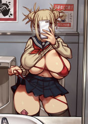 1girl absurdres bathroom bikini bikini_under_clothes black_thighhighs blonde_hair blunt_bangs boku_no_hero_academia breasts cellphone coffeelove68 condom condom_wrapper cowboy_shot double_bun flashing hair_bun highres huge_breasts indoors long_sleeves messy_hair miniskirt navel nikuatsu_magician_shinbo phone pleated_skirt red_bikini school_uniform selfie shiny_skin skirt smartphone solo standing swimsuit thighhighs thong toga_himiko