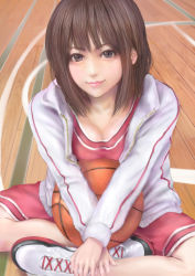 Rule 34 | 1girl, ball, basketball, basketball (object), breasts, brown eyes, brown hair, cleavage, eyelashes, highres, indian style, indoors, lips, looking at viewer, mamoru, mamoru (mamoru jinja), original, realistic, shoes, short hair, sitting, smile, sneakers, solo, sportswear, v arms