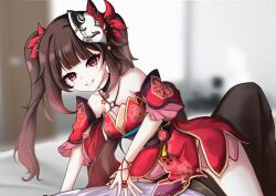 Rule 34 | 1boy, 1girl, :d, arm support, bare shoulders, bell, black choker, black pants, blurry, bow, brown hair, choker, depth of field, dress, fox mask, grin, hair bow, hand on another&#039;s chest, highres, honkai: star rail, honkai (series), kanbara uji, knees up, long hair, looking at viewer, lying, mask, mask on head, neck bell, on back, open mouth, pants, pelvic curtain, pink eyes, red bow, red dress, shirt, short dress, sidelocks, sleeveless, sleeveless dress, smile, sparkle (honkai: star rail), straddling, teeth, twintails, white shirt