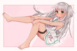 Rule 34 | 1girl, barefoot, blunt bangs, blush, border, breasts, commentary, dark-skinned female, dark skin, dress, feet, from side, full body, green eyes, grey hair, highres, kantai collection, legs, long hair, looking at viewer, maestrale (kancolle), myao (jumca my), no headwear, one side up, pink background, ribbon, sailor dress, sideboob, sleeveless, sleeveless dress, small breasts, smile, solo, toenails, toes, white border, white dress, white ribbon