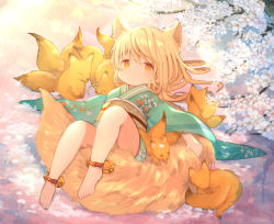 Rule 34 | 1girl, animal ears, ankle bell, anklet, barefoot, blonde hair, branch, cherry blossom print, cherry blossoms, commentary request, expressionless, floating hair, floral print, fox, fox ears, fox girl, furisode, gradient background, green kimono, highres, holding, holding with tail, japanese clothes, jewelry, kimono, kitsune, knee up, looking at viewer, lying, medium hair, obi, on back, orange eyes, original, prehensile tail, reclining, sash, sitting on tail, solo, tail, umika35