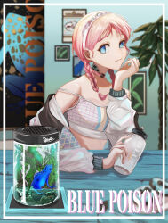 Rule 34 | 1girl, arknights, blue eyes, blue poison (arknights), blue poison (shoal beat) (arknights), bottle, braid, breasts, bright pupils, character name, choker, hairband, highres, holding, holding bottle, jacket, jar, kawausoman, long hair, long sleeves, looking at viewer, o-ring, o-ring choker, off shoulder, official alternate costume, open clothes, open jacket, pink choker, pink hair, poison dart frog, rectangular pupils, scales, small breasts, solo, sports bra, strap slip, twin braids, upper body, white hairband, white jacket, white pupils, white sports bra